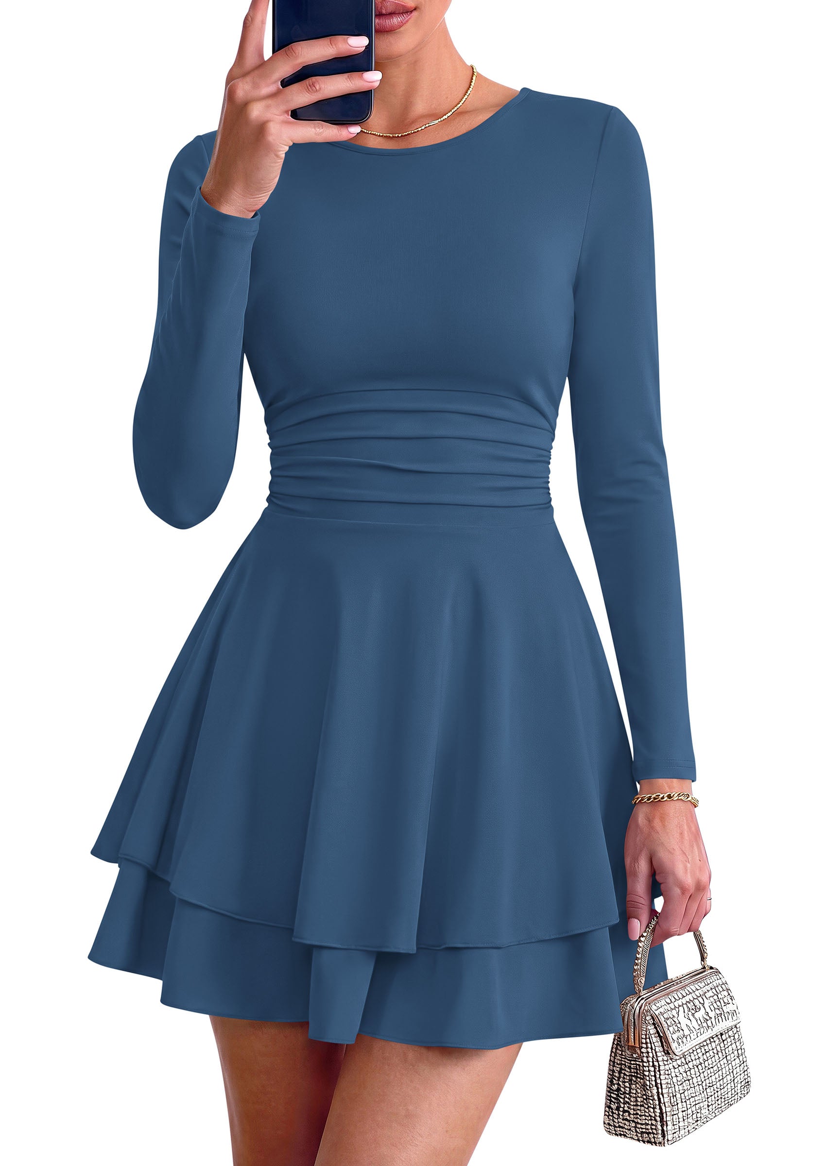 PRETTYGARDEN Womens Fit and Flare Crewneck Long Sleeve Mini Dress | Ruched Waist,Tiered Ruffle Hem,Flowy Short Sundress,Party Cocktail Homecoming Dresses,Date Night Semi Formal Cruise Outfits