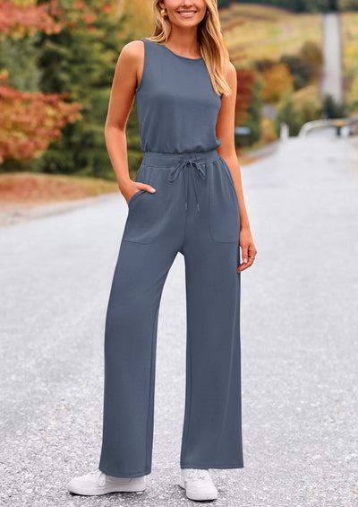 PRETTYGARDEN Womens Jumpsuits Summer Casual One Piece Outfits Sleeveless Wide Leg Long Pants Rompers