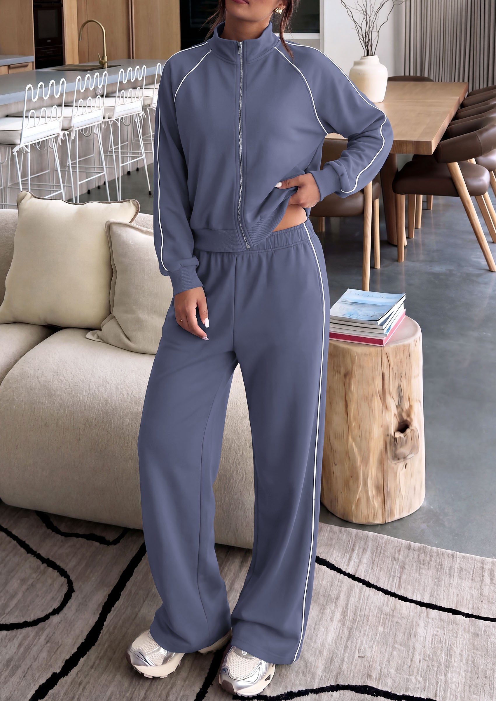 PRETTYGARDEN Women's 2 Piece Sweat Set Casual Fall Outfits | Zip Up Sweatshirt,Wide Leg Pants Sweatsuits,Side Stripes,Matching Lounge Sets,Athletic Wear for Airport,Jogging,Travel,Daily