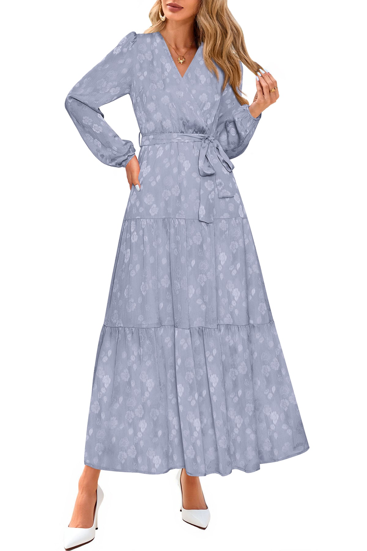 PRETTYGARDEN Womens Long Sleeve Boho Floral Wrap Maxi Dress  Fall Wedding Guest Dresses 2026, Chiffon Flowy Long Dresses, Casual Tie Waist V Neck Dress, Modest A Line Ruffle Tiered Dress