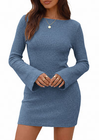 PRETTYGARDEN Womens Fall Bell Long Sleeve Mini Dress 2026 Casual Boat Neck Ribbed Bodycon Short Party Cocktail Dresses