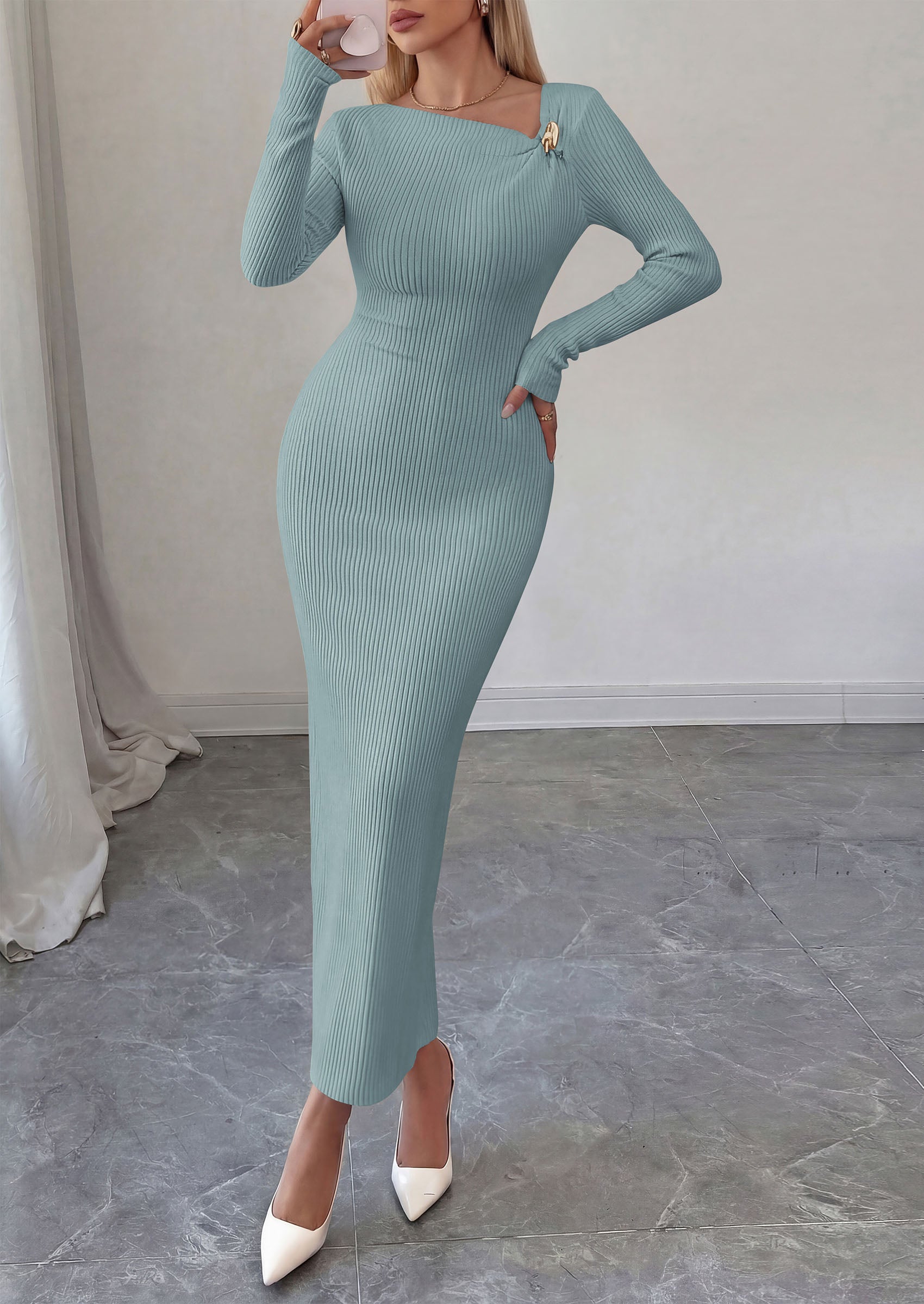 PRETTYGARDEN Womens Fall Long Sleeve Ribbed Sweater Dress | Breathable Knit Fabric, Elegant Bodycon Cut, Fashion Asymmetrical Neck, Night Out Party Dresses, 2026 Trendy Winter Clothes  Price, product page