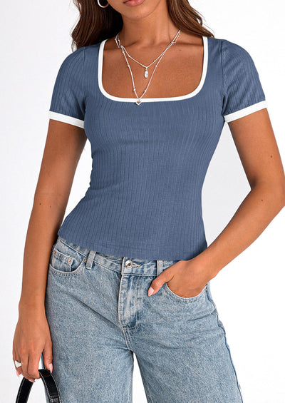 PRETTYGARDEN Women's Summer Short Sleeve T Shirts Ribbed Knit Square Neck Color Block Slim Fit Basic Casual Crop Tops Blouses