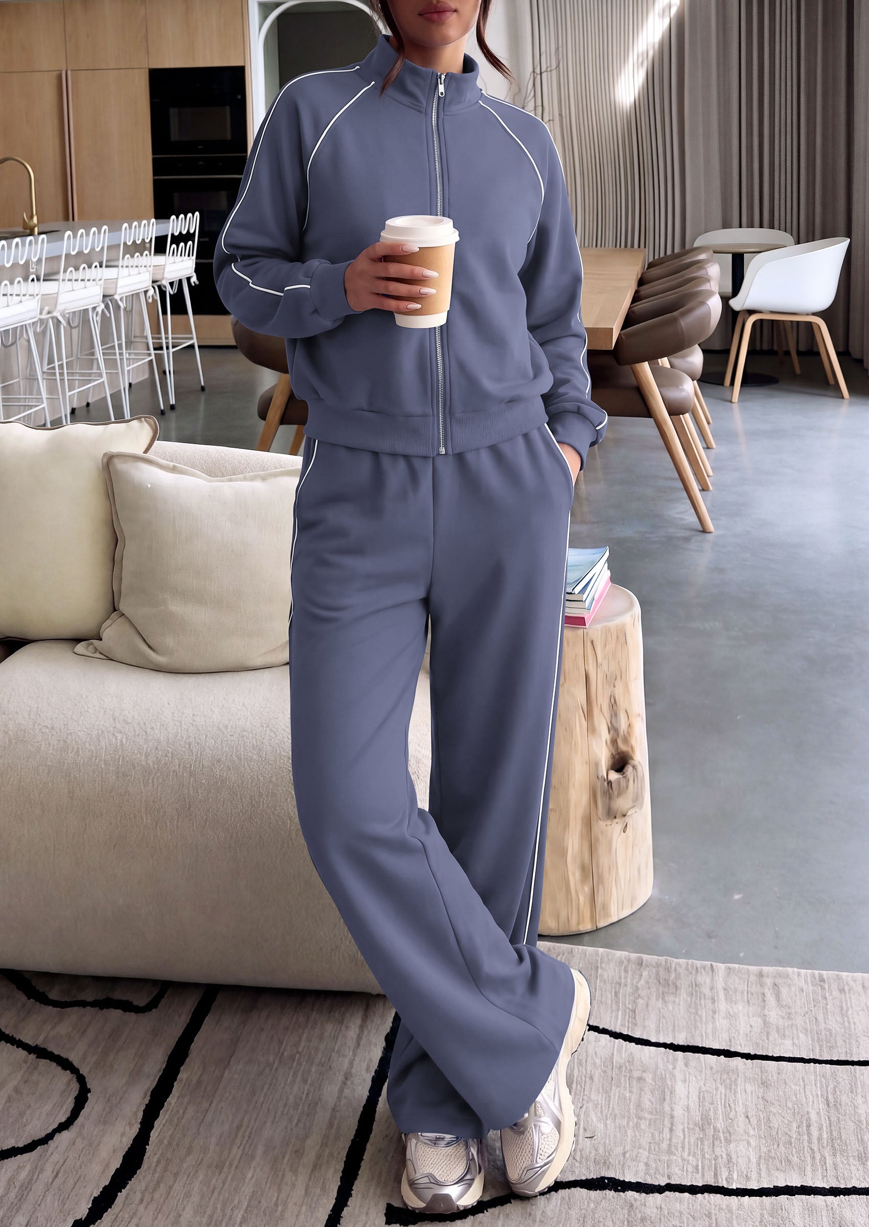 PRETTYGARDEN Women's 2 Piece Sweat Set Casual Fall Outfits | Zip Up Sweatshirt,Wide Leg Pants Sweatsuits,Side Stripes,Matching Lounge Sets,Athletic Wear for Airport,Jogging,Travel,Daily