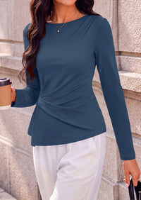 PRETTYGARDEN Womens Ruched Tops Casual Long Sleeve Shirt  Soft Stretchy Knit, Round Neck Slim Fitted Shape, Pleated Asymmetrical Hem, Office Work Daily Wear, Trendy Fall Outfits