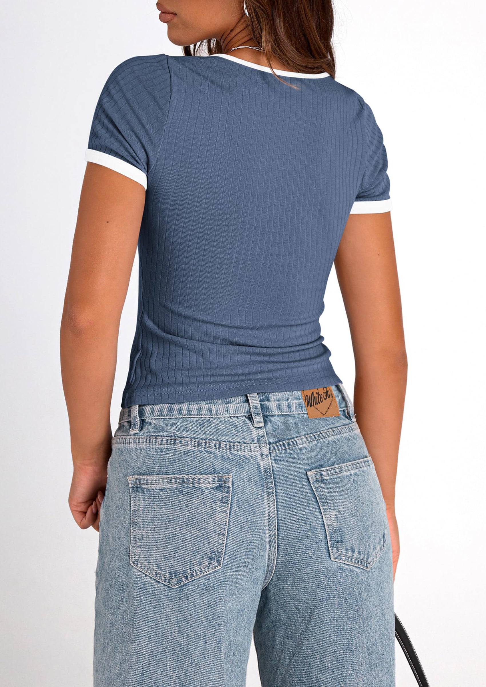 PRETTYGARDEN Women's Summer Short Sleeve T Shirts Ribbed Knit Square Neck Color Block Slim Fit Basic Casual Crop Tops Blouses