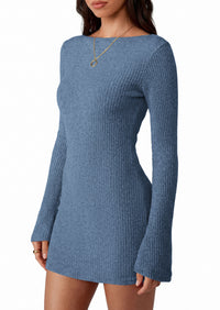 PRETTYGARDEN Womens Fall Bell Long Sleeve Mini Dress 2026 Casual Boat Neck Ribbed Bodycon Short Party Cocktail Dresses