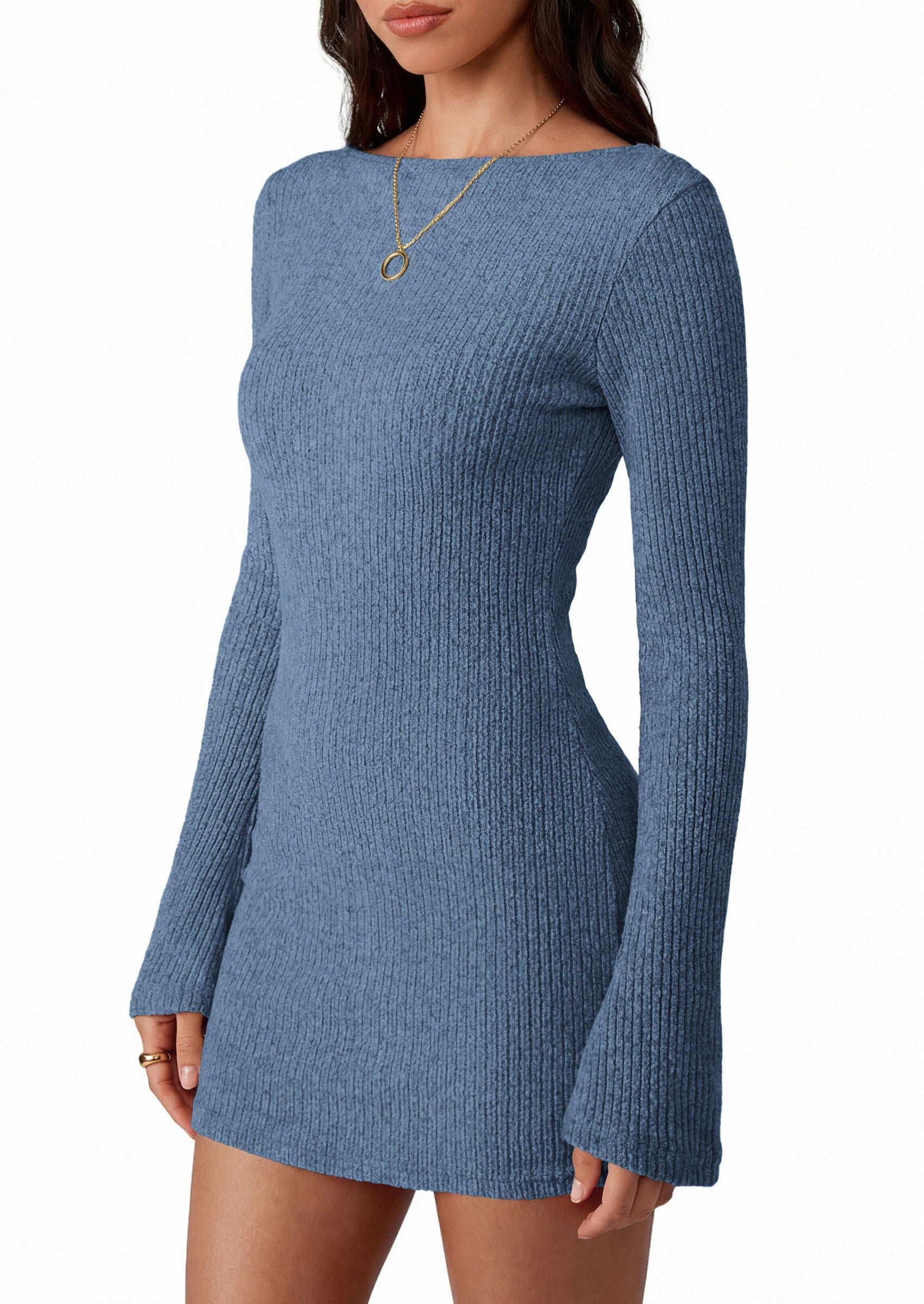 PRETTYGARDEN Womens Fall Bell Long Sleeve Mini Dress 2026 Casual Boat Neck Ribbed Bodycon Short Party Cocktail Dresses