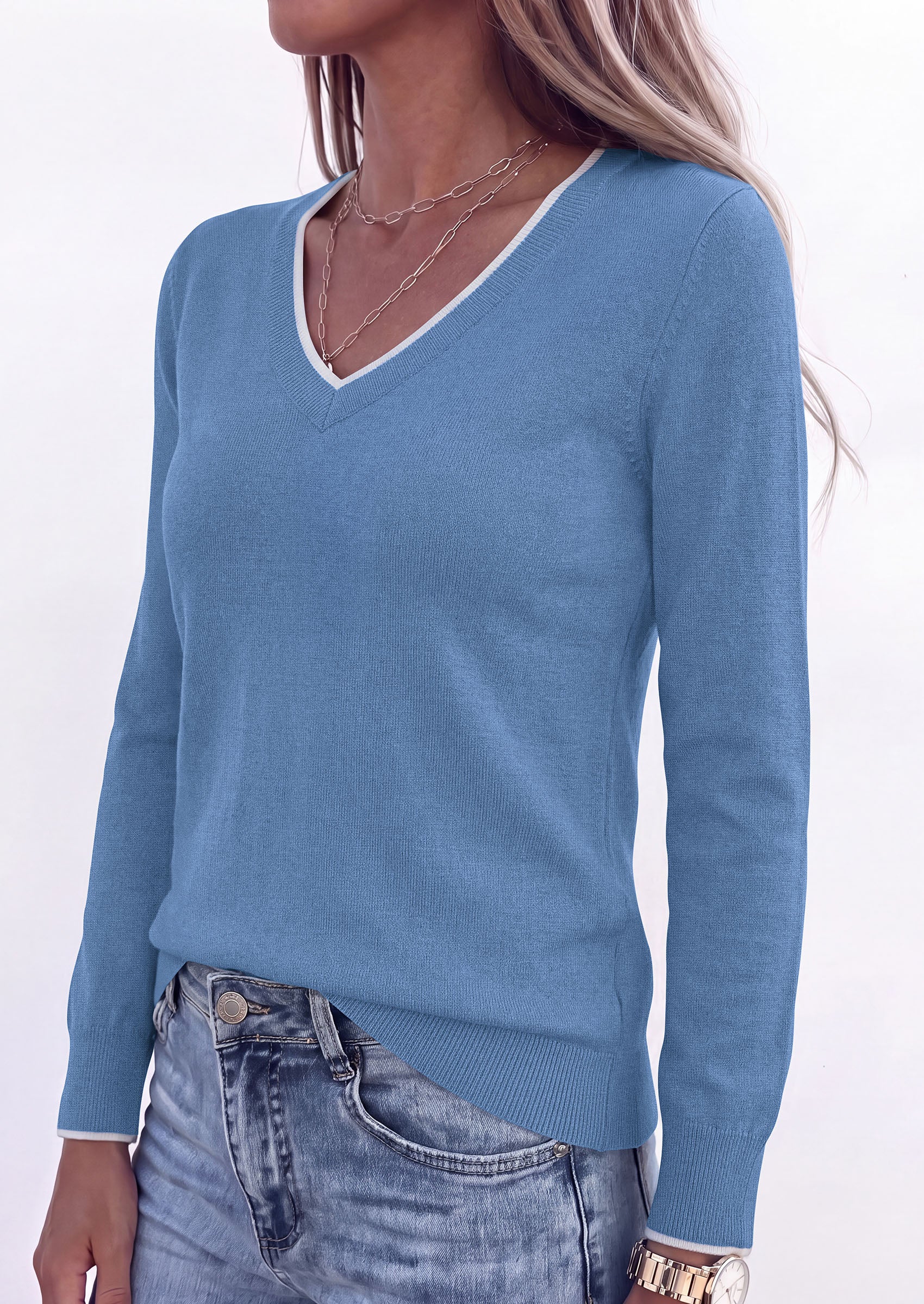 PRETTYGARDEN Women's V Neck Sweater Long Sleeve Knit Tops | Contrast Trim, Cozy Lightweight Pullover, Loose Basic Soft, Business Casual, Holiday Vacation Outfits, Fall Winter Clothes