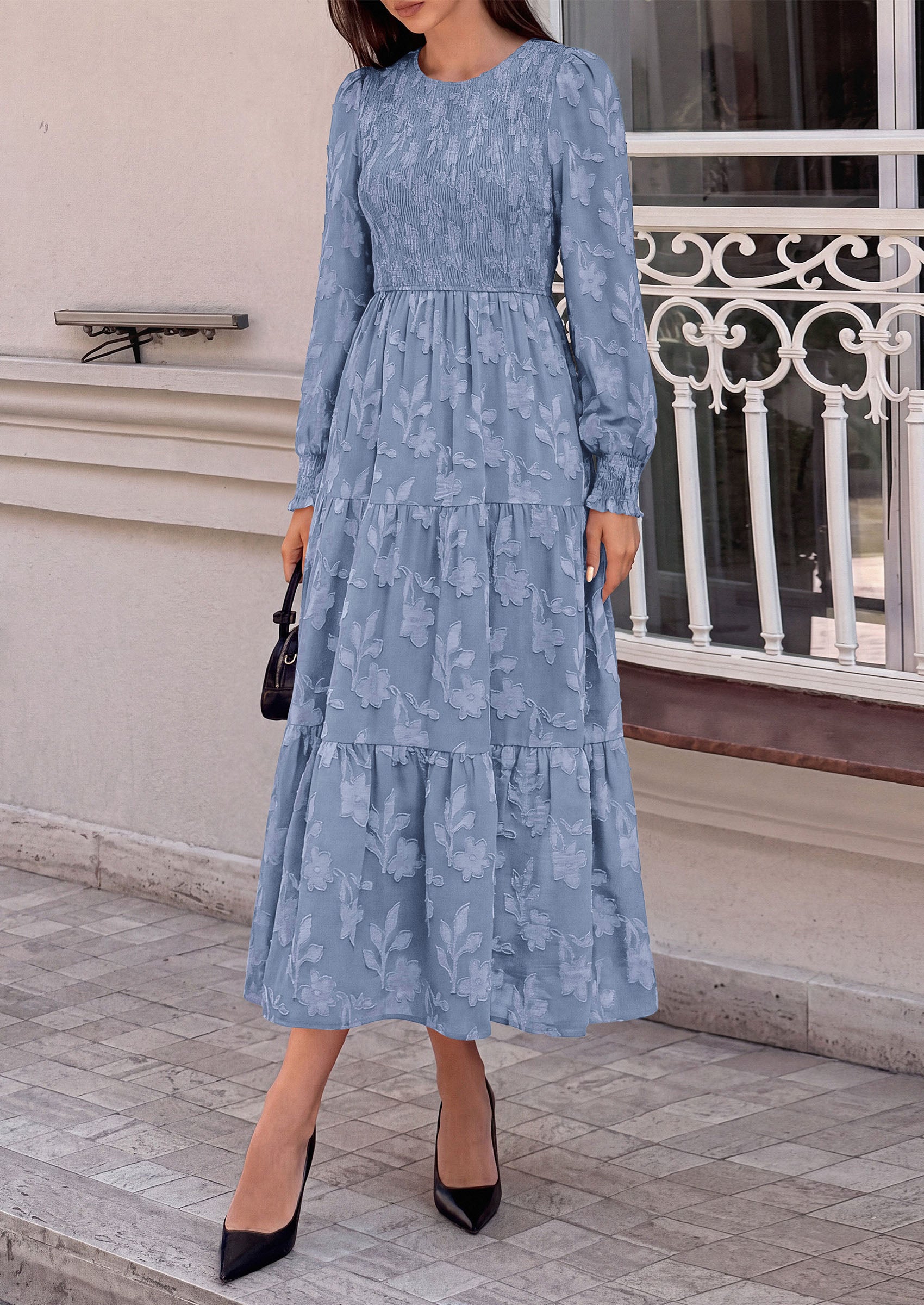 PRETTYGARDEN Fall Floral Long Sleeve Wedding Guest Dress for Women Pockets | Casual Textured Jacquard Smocked High Waist A-line Boho Flowy Midi Dress, Semi Formal Cocktail Dresses for Women 2026