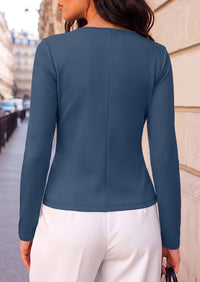 PRETTYGARDEN Womens Ruched Tops Casual Long Sleeve Shirt  Soft Stretchy Knit, Round Neck Slim Fitted Shape, Pleated Asymmetrical Hem, Office Work Daily Wear, Trendy Fall Outfits