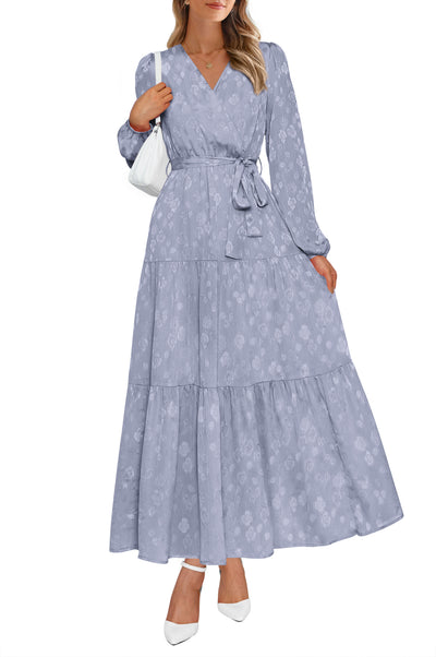 PRETTYGARDEN Womens Long Sleeve Boho Floral Wrap Maxi Dress  Fall Wedding Guest Dresses 2026, Chiffon Flowy Long Dresses, Casual Tie Waist V Neck Dress, Modest A Line Ruffle Tiered Dress