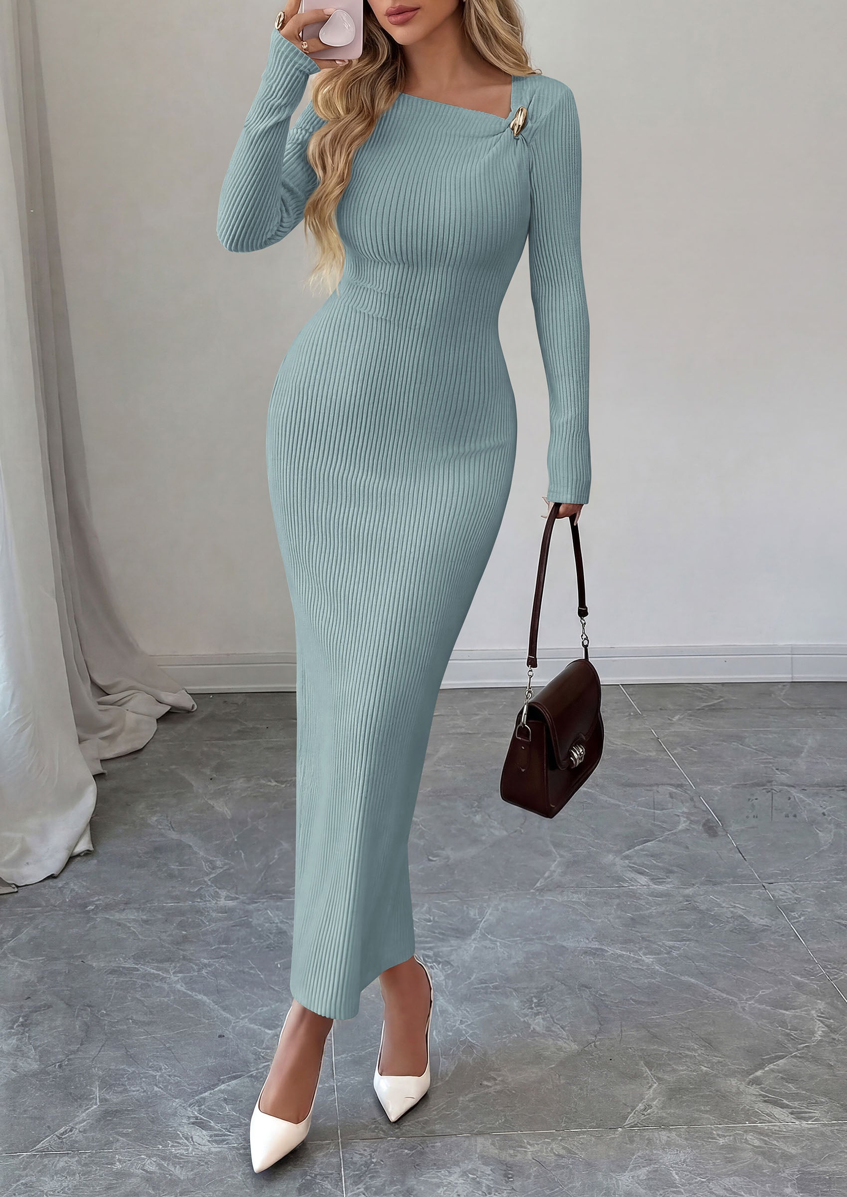 PRETTYGARDEN Womens Fall Long Sleeve Ribbed Sweater Dress | Breathable Knit Fabric, Elegant Bodycon Cut, Fashion Asymmetrical Neck, Night Out Party Dresses, 2026 Trendy Winter Clothes  Price, product page
