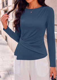 PRETTYGARDEN Womens Ruched Tops Casual Long Sleeve Shirt  Soft Stretchy Knit, Round Neck Slim Fitted Shape, Pleated Asymmetrical Hem, Office Work Daily Wear, Trendy Fall Outfits