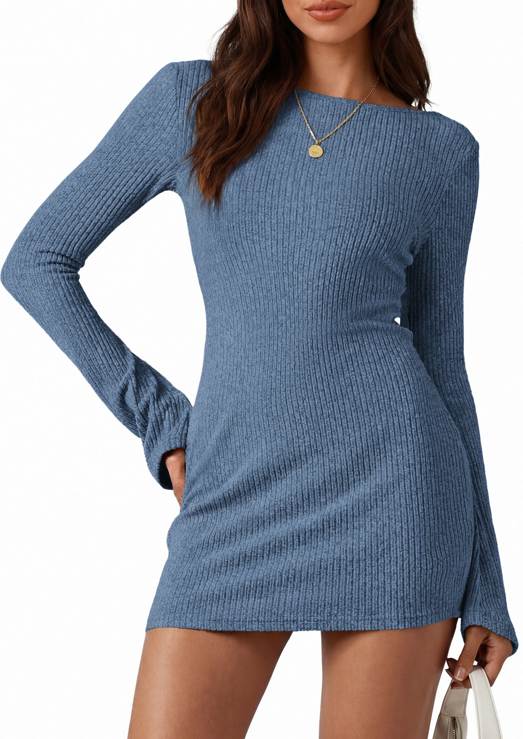 PRETTYGARDEN Womens Fall Bell Long Sleeve Mini Dress 2026 Casual Boat Neck Ribbed Bodycon Short Party Cocktail Dresses