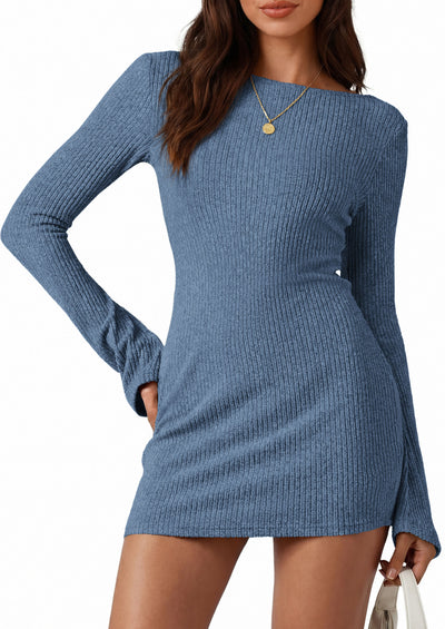 PRETTYGARDEN Womens Fall Bell Long Sleeve Mini Dress 2026 Casual Boat Neck Ribbed Bodycon Short Party Cocktail Dresses
