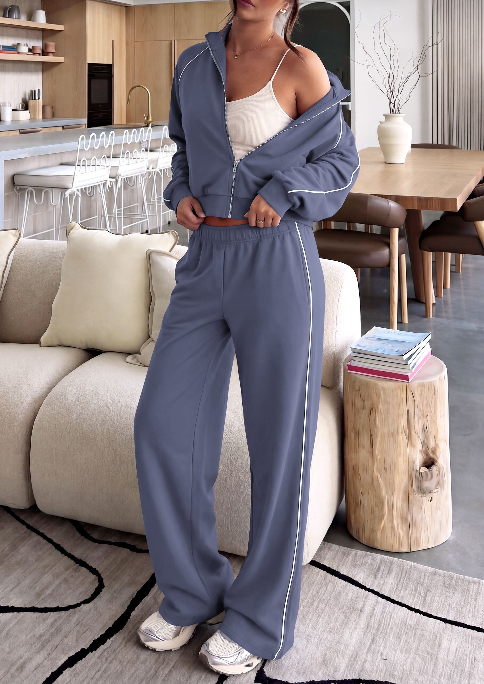 PRETTYGARDEN Women's 2 Piece Sweat Set Casual Fall Outfits | Zip Up Sweatshirt,Wide Leg Pants Sweatsuits,Side Stripes,Matching Lounge Sets,Athletic Wear for Airport,Jogging,Travel,Daily