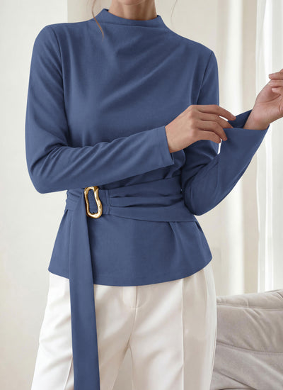 PRETTYGARDEN Women Blouses Fall Dressy Mock Neck Long Sleeve Work Shirts Buckle Belted Tunic Business Casual Tops