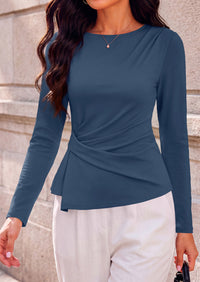 PRETTYGARDEN Womens Ruched Tops Casual Long Sleeve Shirt  Soft Stretchy Knit, Round Neck Slim Fitted Shape, Pleated Asymmetrical Hem, Office Work Daily Wear, Trendy Fall Outfits