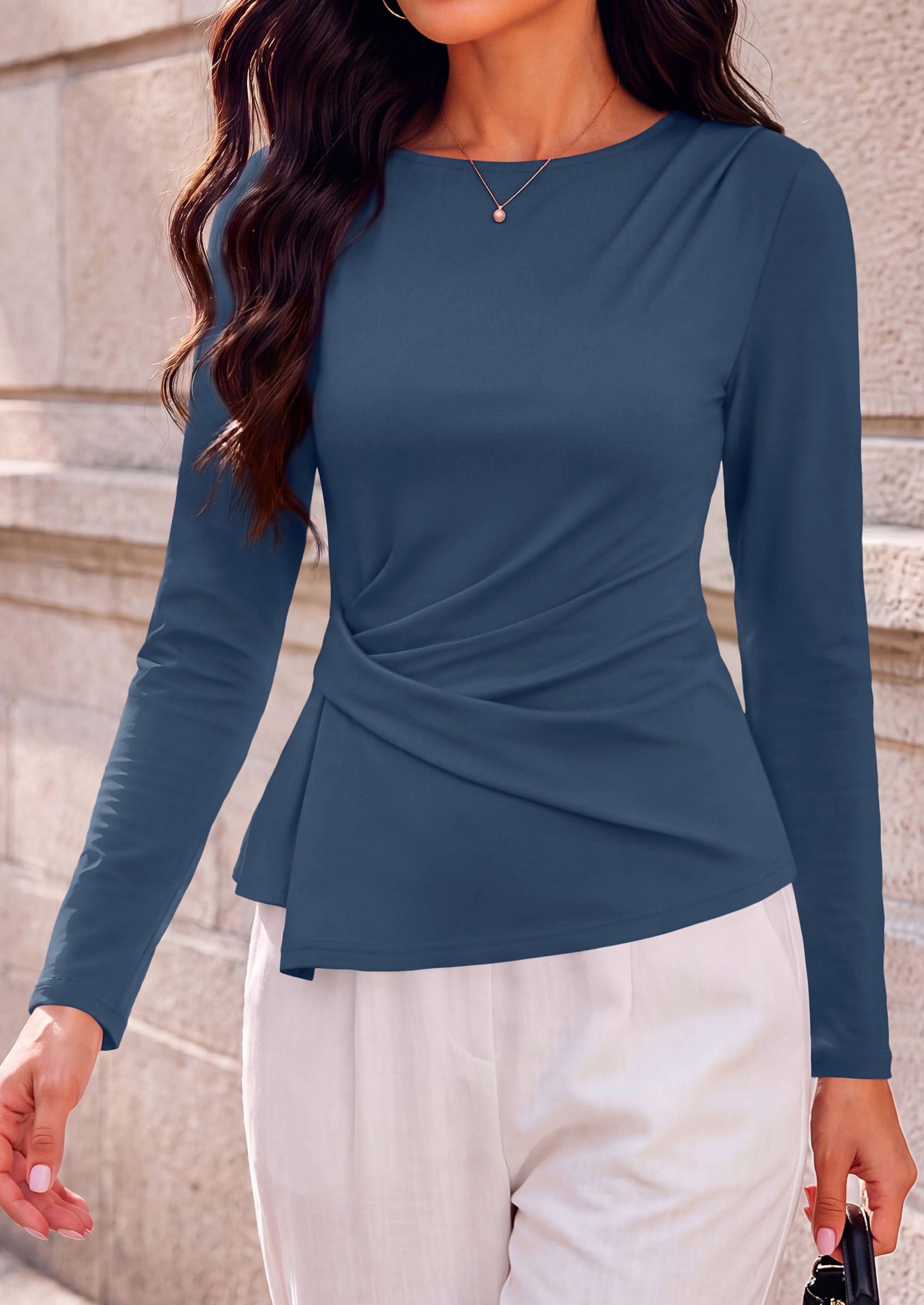 PRETTYGARDEN Womens Ruched Tops Casual Long Sleeve Shirt  Soft Stretchy Knit, Round Neck Slim Fitted Shape, Pleated Asymmetrical Hem, Office Work Daily Wear, Trendy Fall Outfits