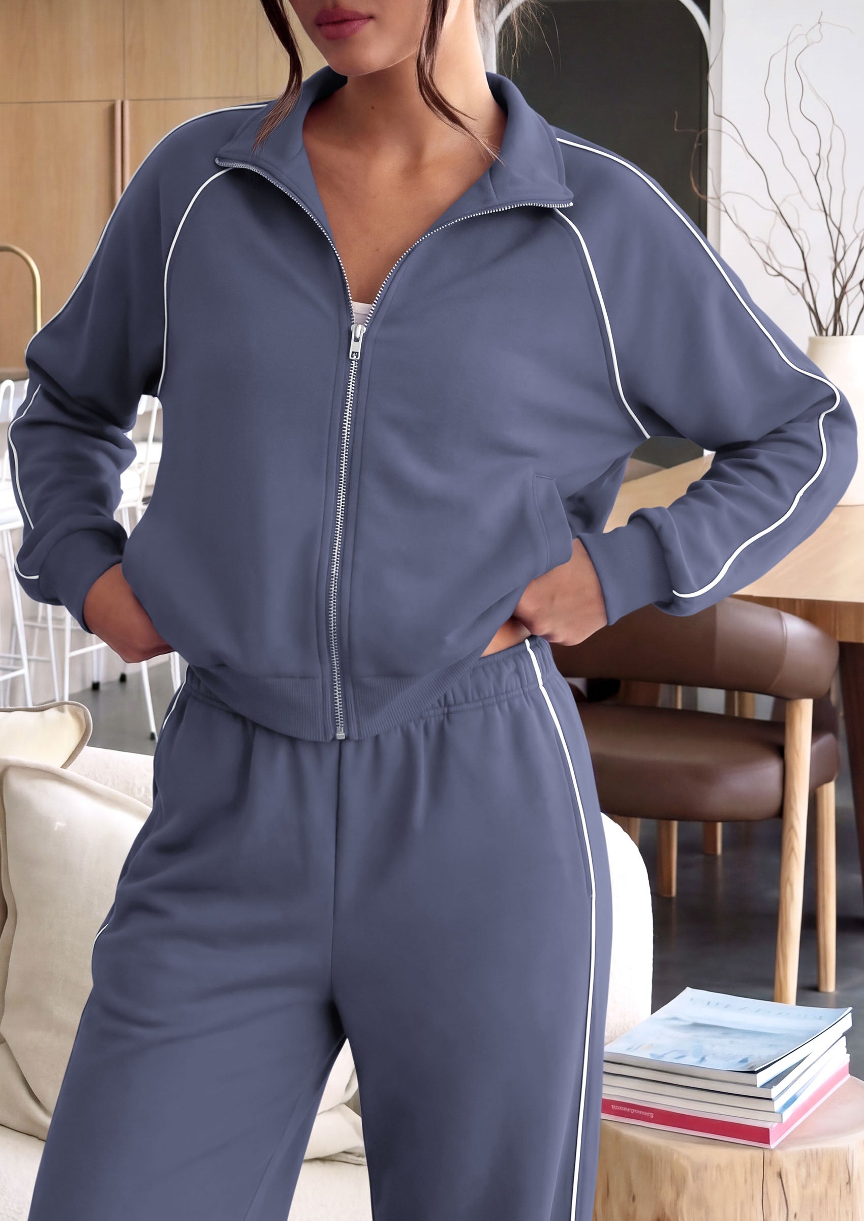 PRETTYGARDEN Women's 2 Piece Sweat Set Casual Fall Outfits | Zip Up Sweatshirt,Wide Leg Pants Sweatsuits,Side Stripes,Matching Lounge Sets,Athletic Wear for Airport,Jogging,Travel,Daily