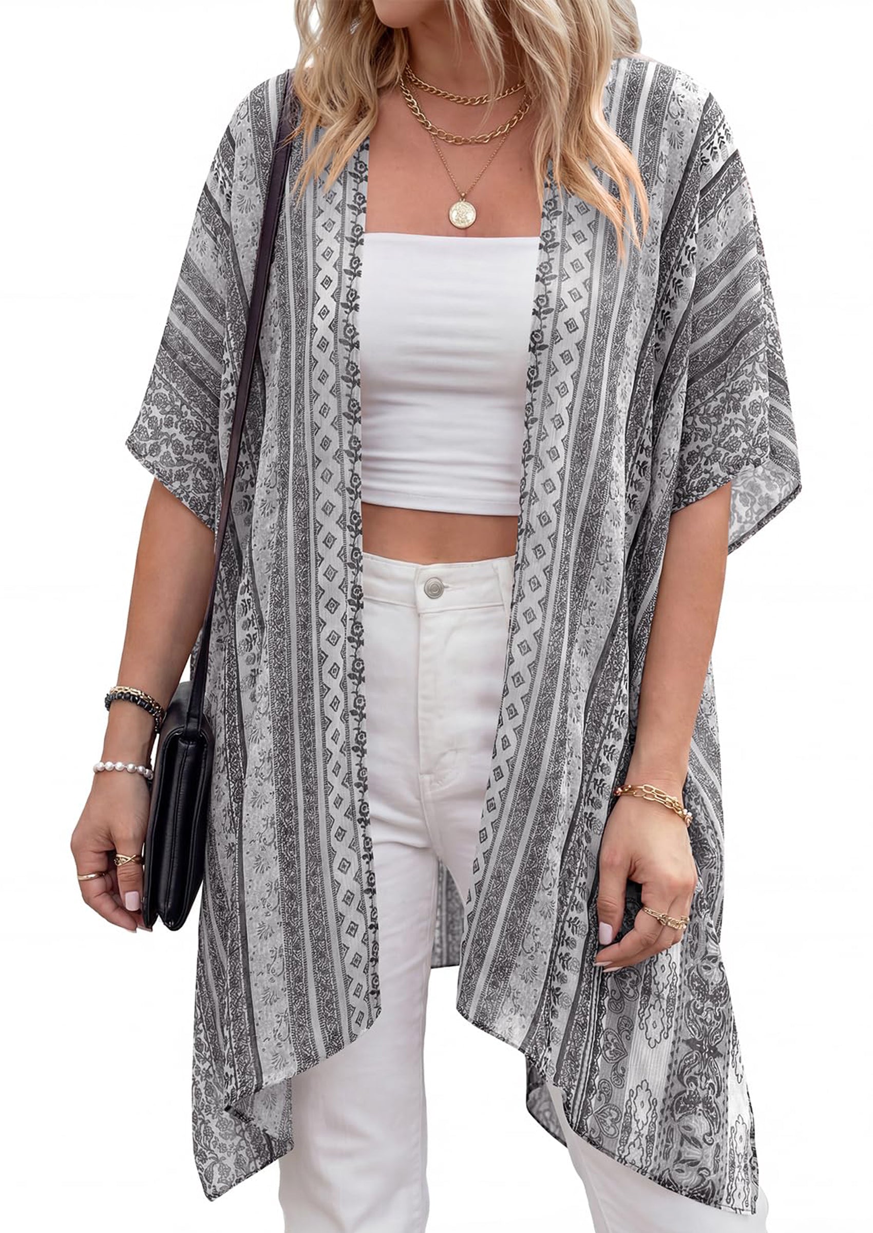 PRETTYGARDEN Summer Kimonos for Women Boho Floral Short Sleeve Kimono Cardigans Swimsuit Beach Cover Ups for Women Swimwear PRETTYGARDEN