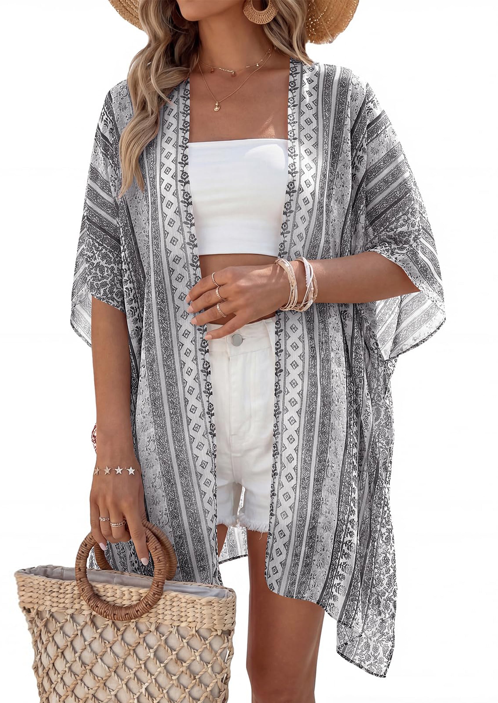 PRETTYGARDEN Summer Kimonos for Women Boho Floral Short Sleeve Kimono Cardigans Swimsuit Beach Cover Ups for Women Swimwear PRETTYGARDEN