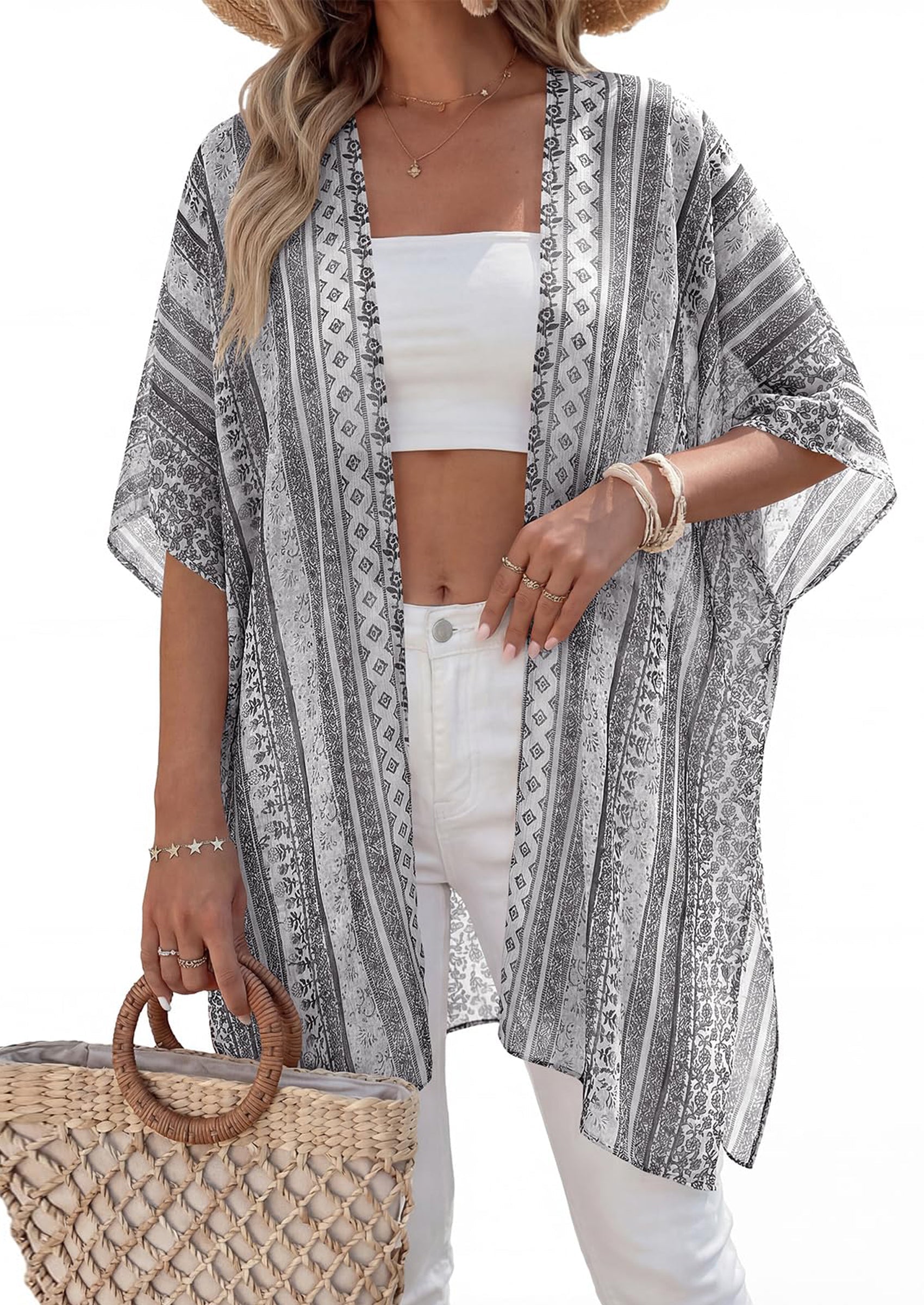 PRETTYGARDEN Summer Kimonos for Women Boho Floral Short Sleeve Kimono Cardigans Swimsuit Beach Cover Ups for Women Swimwear PRETTYGARDEN