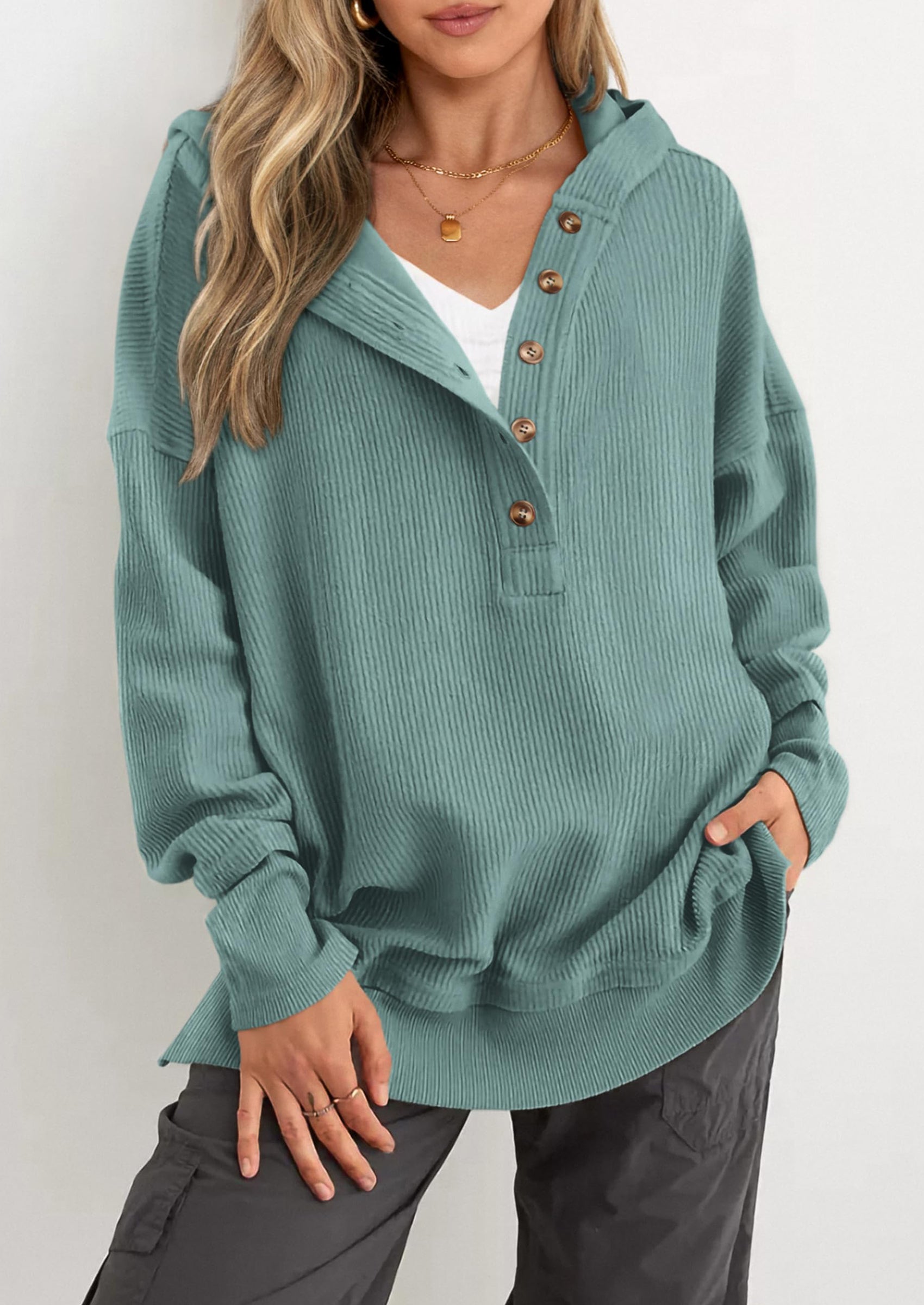 PRETTYGARDEN Womens Fashion Oversized Long Sleeve Hoodie Button Down V Neck Sweatshirt Side Slit Casual Pullover Tops