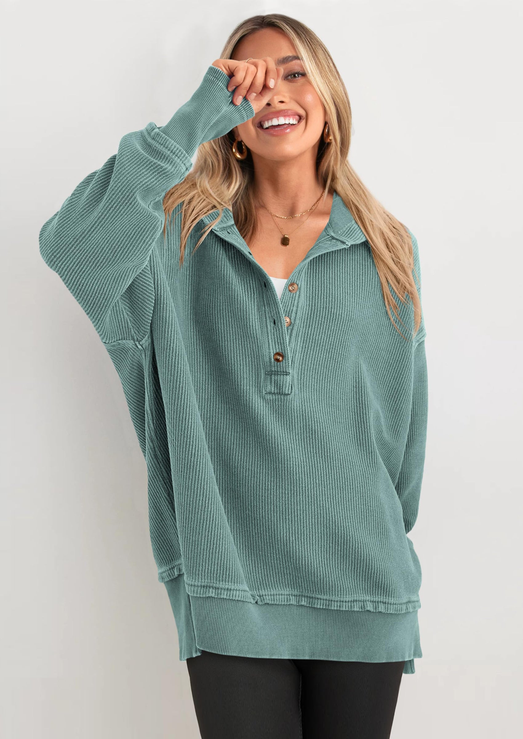 PRETTYGARDEN Womens Fashion Oversized Long Sleeve Hoodie Button Down V Neck Sweatshirt Side Slit Casual Pullover Tops