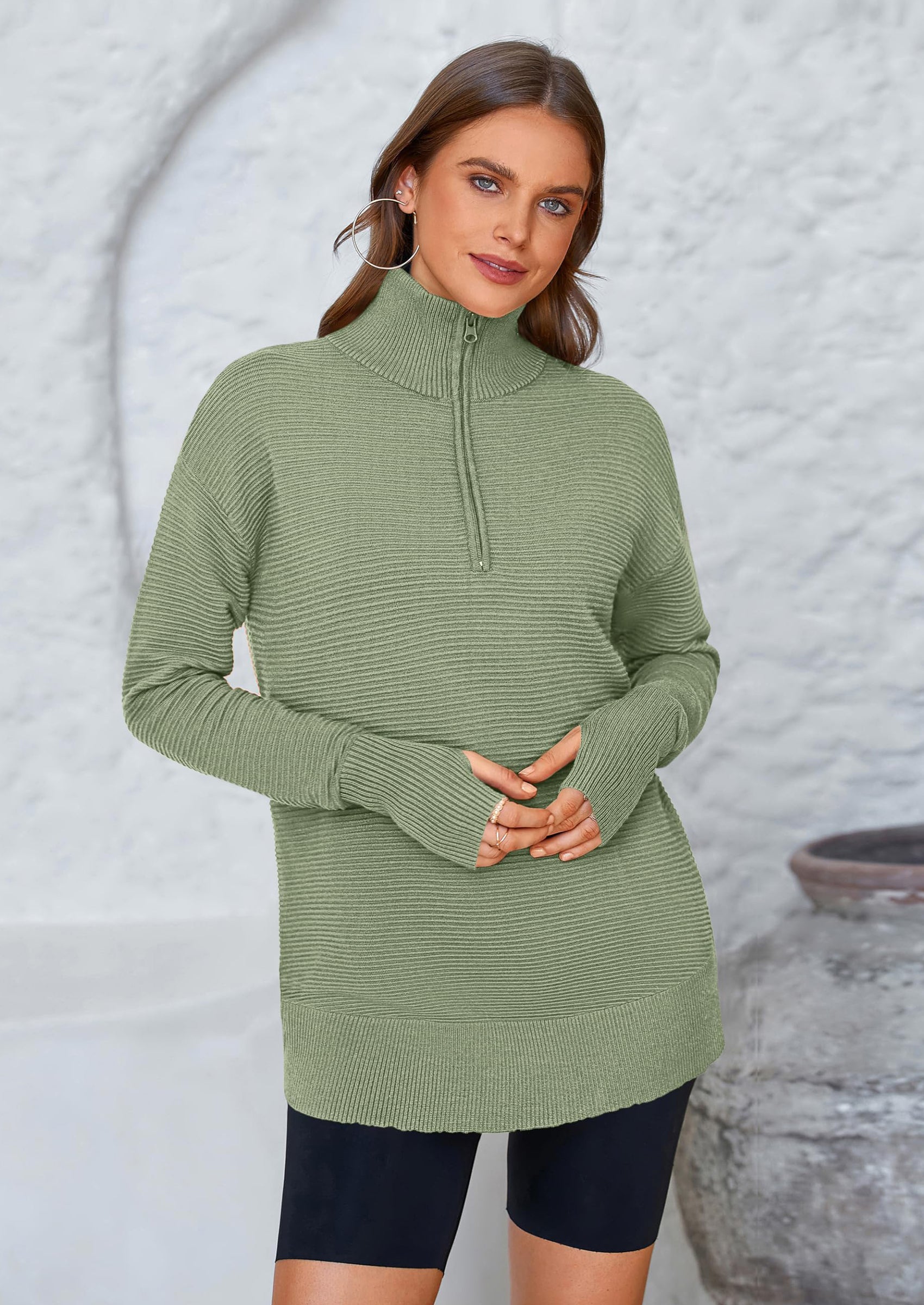 PRETTYGARDEN Womens Long Sleeve Quarter Zip Pullover Sweater Casual Loose V Neck Collared Ribbed Knit Jumper Tops Thumb Hole