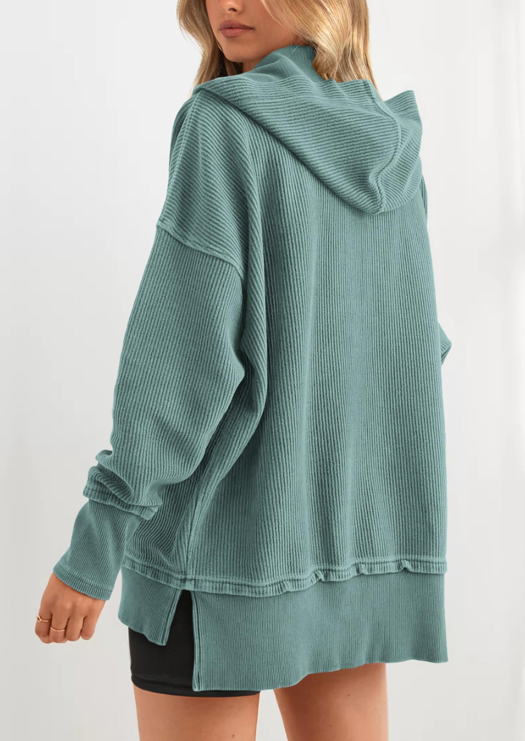 PRETTYGARDEN Womens Fashion Oversized Long Sleeve Hoodie Button Down V Neck Sweatshirt Side Slit Casual Pullover Tops