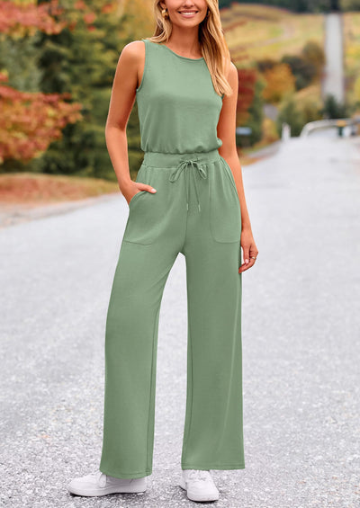 PRETTYGARDEN Womens Jumpsuits Summer Casual One Piece Outfits Sleeveless Wide Leg Long Pants Rompers