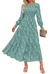 PRETTYGARDEN Fall Floral Long Sleeve Wedding Guest Dress for Women Pockets | Casual Textured Jacquard Smocked High Waist A-line Boho Flowy Midi Dress, Semi Formal Cocktail Dresses for Women 2026