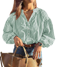 PRETTYGARDEN Women Fall Plaid Long Puff Sleeve Shirts V Neck Casual Blouses  Gingham Button Down Oversized, Pleated Drop Shoulder Cotton Tops, Dressy Casual, Work Vacation Travel, Fall Outfits Trendy