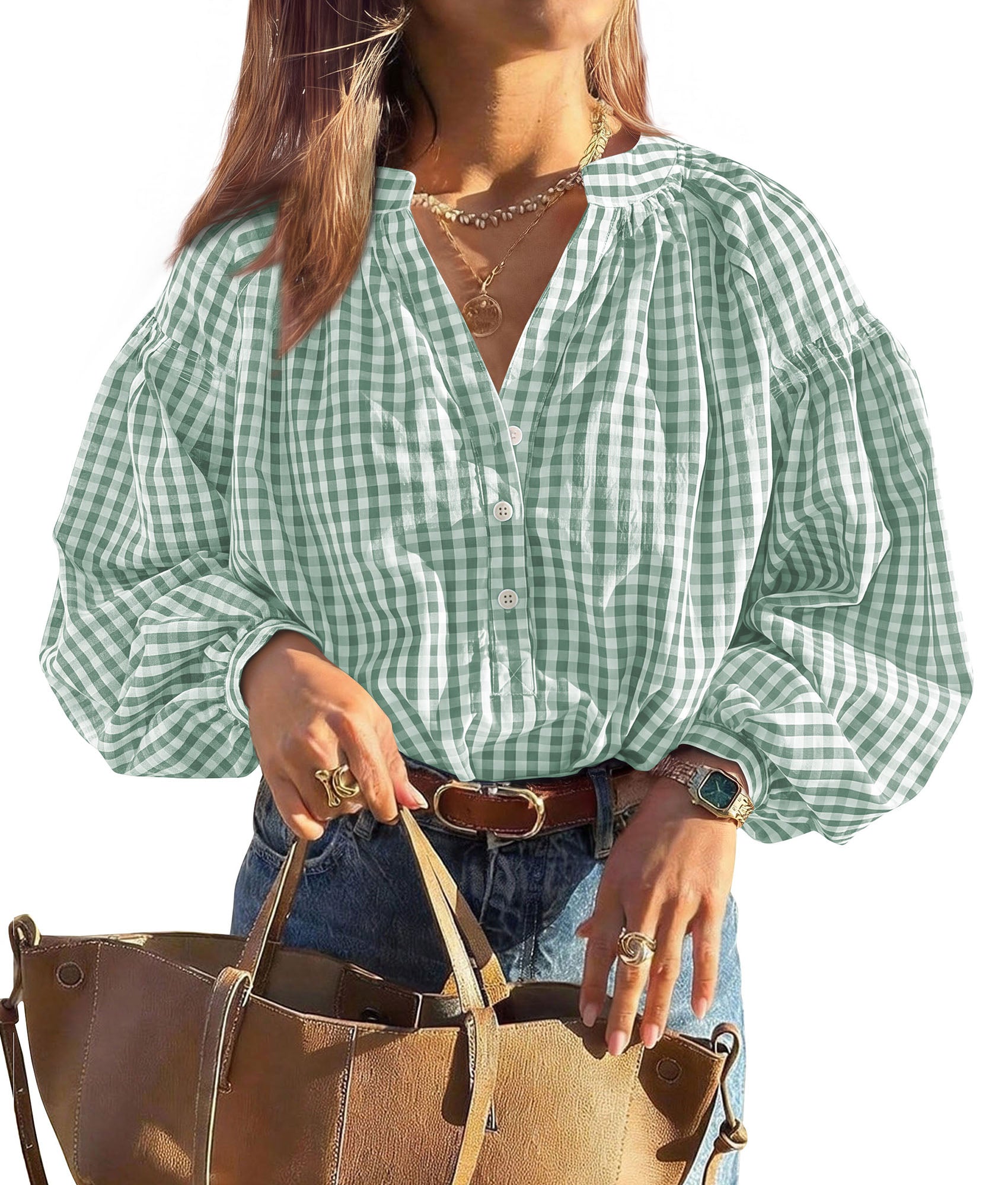 PRETTYGARDEN Women Fall Plaid Long Puff Sleeve Shirts V Neck Casual Blouses  Gingham Button Down Oversized, Pleated Drop Shoulder Cotton Tops, Dressy Casual, Work Vacation Travel, Fall Outfits Trendy