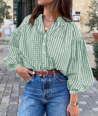 PRETTYGARDEN Women Fall Plaid Long Puff Sleeve Shirts V Neck Casual Blouses  Gingham Button Down Oversized, Pleated Drop Shoulder Cotton Tops, Dressy Casual, Work Vacation Travel, Fall Outfits Trendy