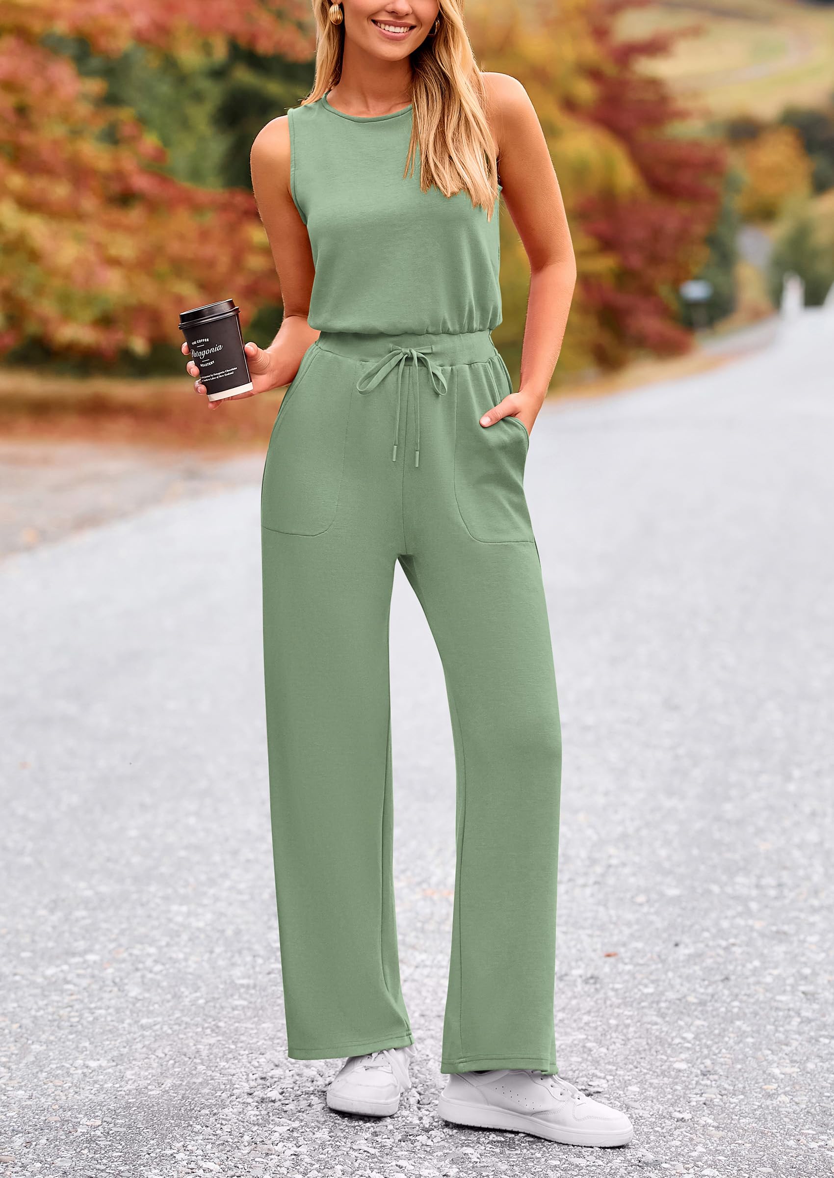 PRETTYGARDEN Womens Jumpsuits Summer Casual One Piece Outfits Sleeveless Wide Leg Long Pants Rompers