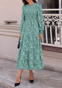 PRETTYGARDEN Fall Floral Long Sleeve Wedding Guest Dress for Women Pockets | Casual Textured Jacquard Smocked High Waist A-line Boho Flowy Midi Dress, Semi Formal Cocktail Dresses for Women 2026