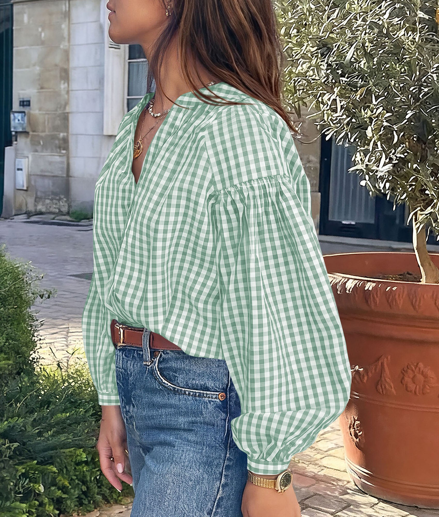 PRETTYGARDEN Women Fall Plaid Long Puff Sleeve Shirts V Neck Casual Blouses  Gingham Button Down Oversized, Pleated Drop Shoulder Cotton Tops, Dressy Casual, Work Vacation Travel, Fall Outfits Trendy