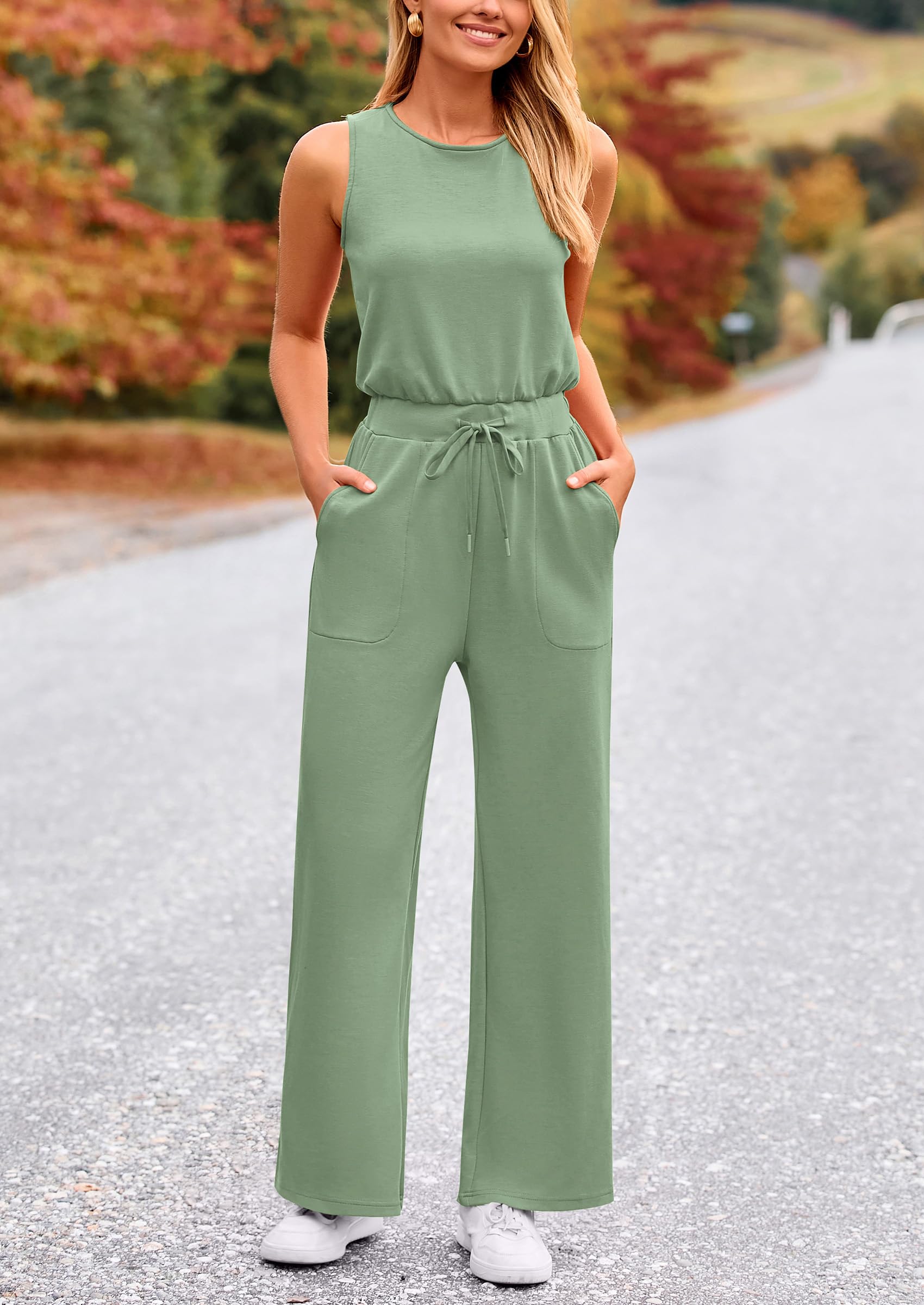 PRETTYGARDEN Womens Jumpsuits Summer Casual One Piece Outfits Sleeveless Wide Leg Long Pants Rompers