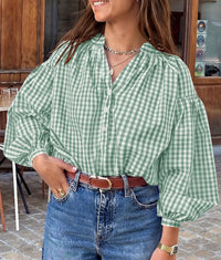 PRETTYGARDEN Women Fall Plaid Long Puff Sleeve Shirts V Neck Casual Blouses  Gingham Button Down Oversized, Pleated Drop Shoulder Cotton Tops, Dressy Casual, Work Vacation Travel, Fall Outfits Trendy