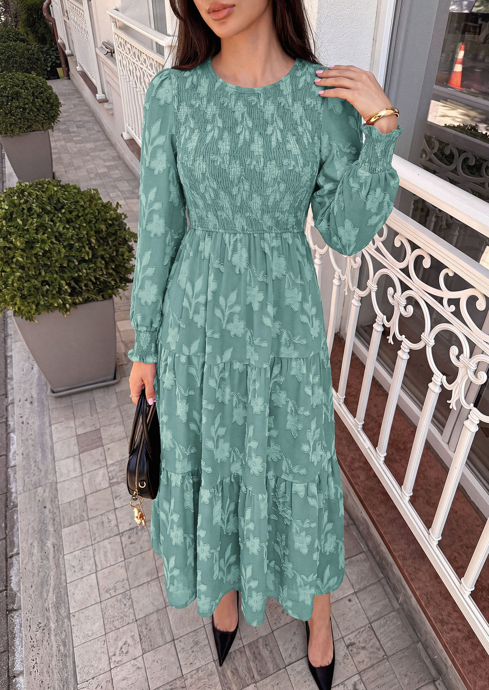 PRETTYGARDEN Fall Floral Long Sleeve Wedding Guest Dress for Women Pockets | Casual Textured Jacquard Smocked High Waist A-line Boho Flowy Midi Dress, Semi Formal Cocktail Dresses for Women 2026