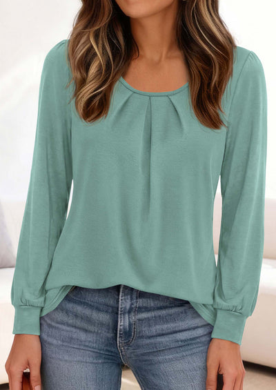 PRETTYGARDEN Womens Long Puff Sleeve Tops Crew Neck Blouse | Pleated Front, Loose Fit Soft, Business Casual Work Shirts, Dressy Daily Wear, School Travel Outfits, Fall Winter Clothing