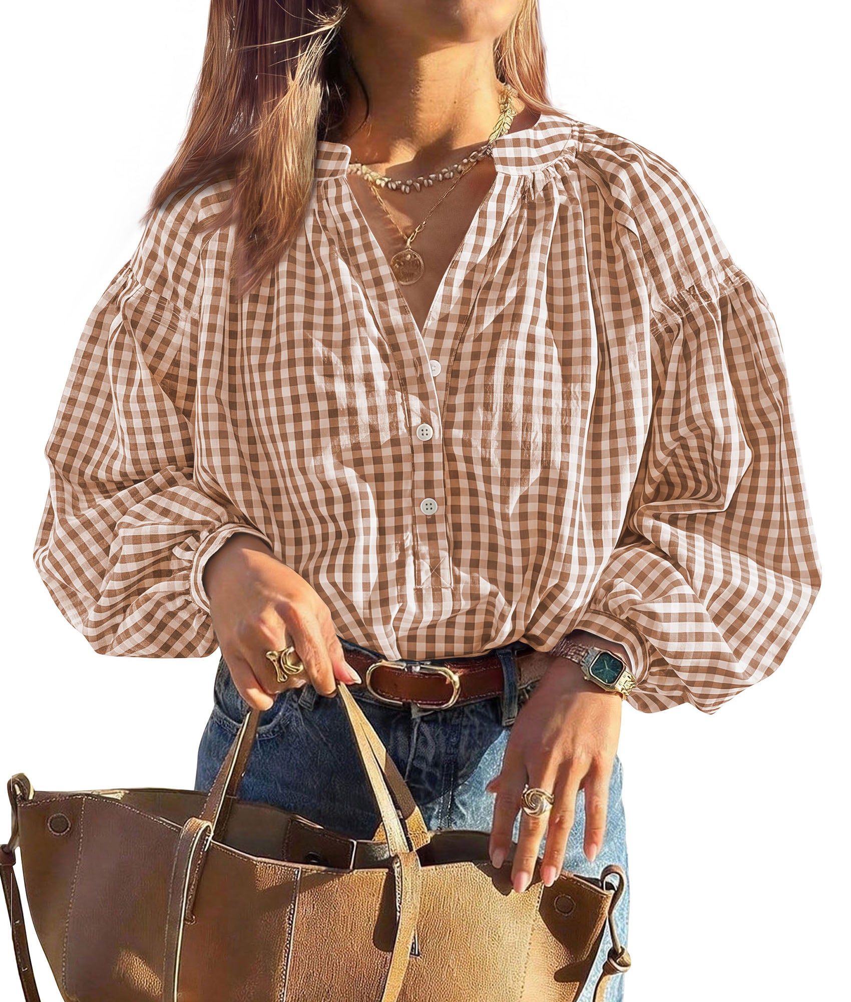PRETTYGARDEN Women Fall Plaid Long Puff Sleeve Shirts V Neck Casual Blouses  Gingham Button Down Oversized, Pleated Drop Shoulder Cotton Tops, Dressy Casual, Work Vacation Travel, Fall Outfits Trendy