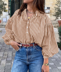 PRETTYGARDEN Women Fall Plaid Long Puff Sleeve Shirts V Neck Casual Blouses  Gingham Button Down Oversized, Pleated Drop Shoulder Cotton Tops, Dressy Casual, Work Vacation Travel, Fall Outfits Trendy
