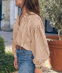 PRETTYGARDEN Women Fall Plaid Long Puff Sleeve Shirts V Neck Casual Blouses  Gingham Button Down Oversized, Pleated Drop Shoulder Cotton Tops, Dressy Casual, Work Vacation Travel, Fall Outfits Trendy