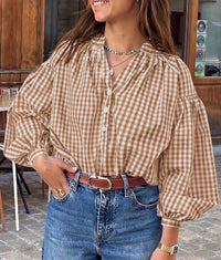 PRETTYGARDEN Women Fall Plaid Long Puff Sleeve Shirts V Neck Casual Blouses  Gingham Button Down Oversized, Pleated Drop Shoulder Cotton Tops, Dressy Casual, Work Vacation Travel, Fall Outfits Trendy