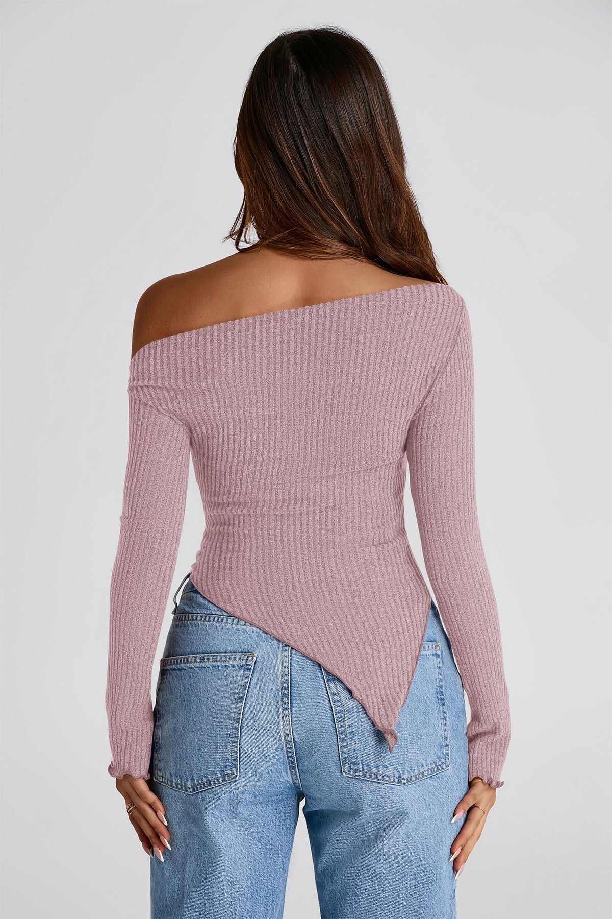 Long Sleeve Y2K Crop Top Trendy Off Shoulder Asymmetrical Fitted Knit Tee Shirts Going Out Tops