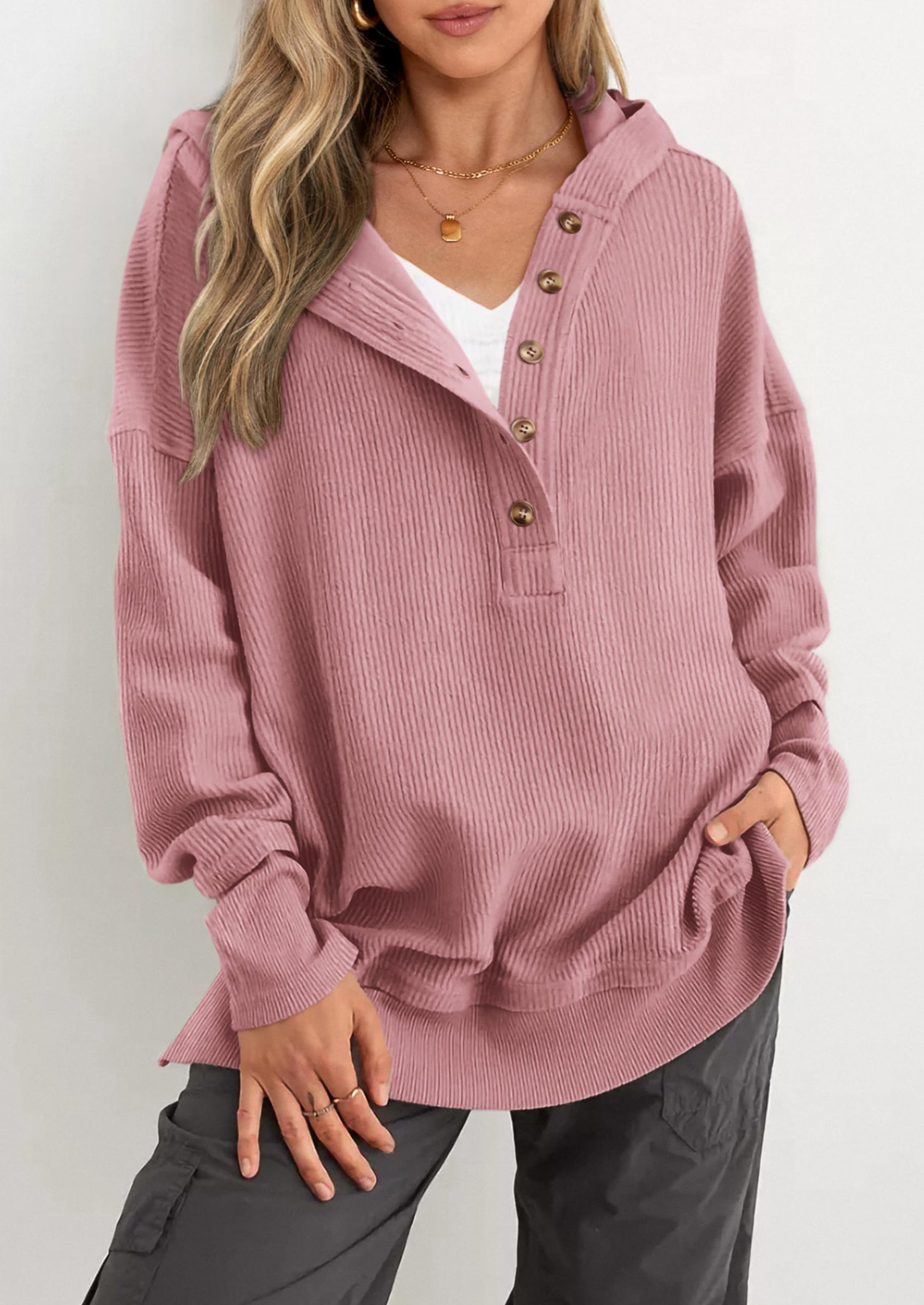 PRETTYGARDEN Womens Fashion Oversized Long Sleeve Hoodie Button Down V Neck Sweatshirt Side Slit Casual Pullover Tops